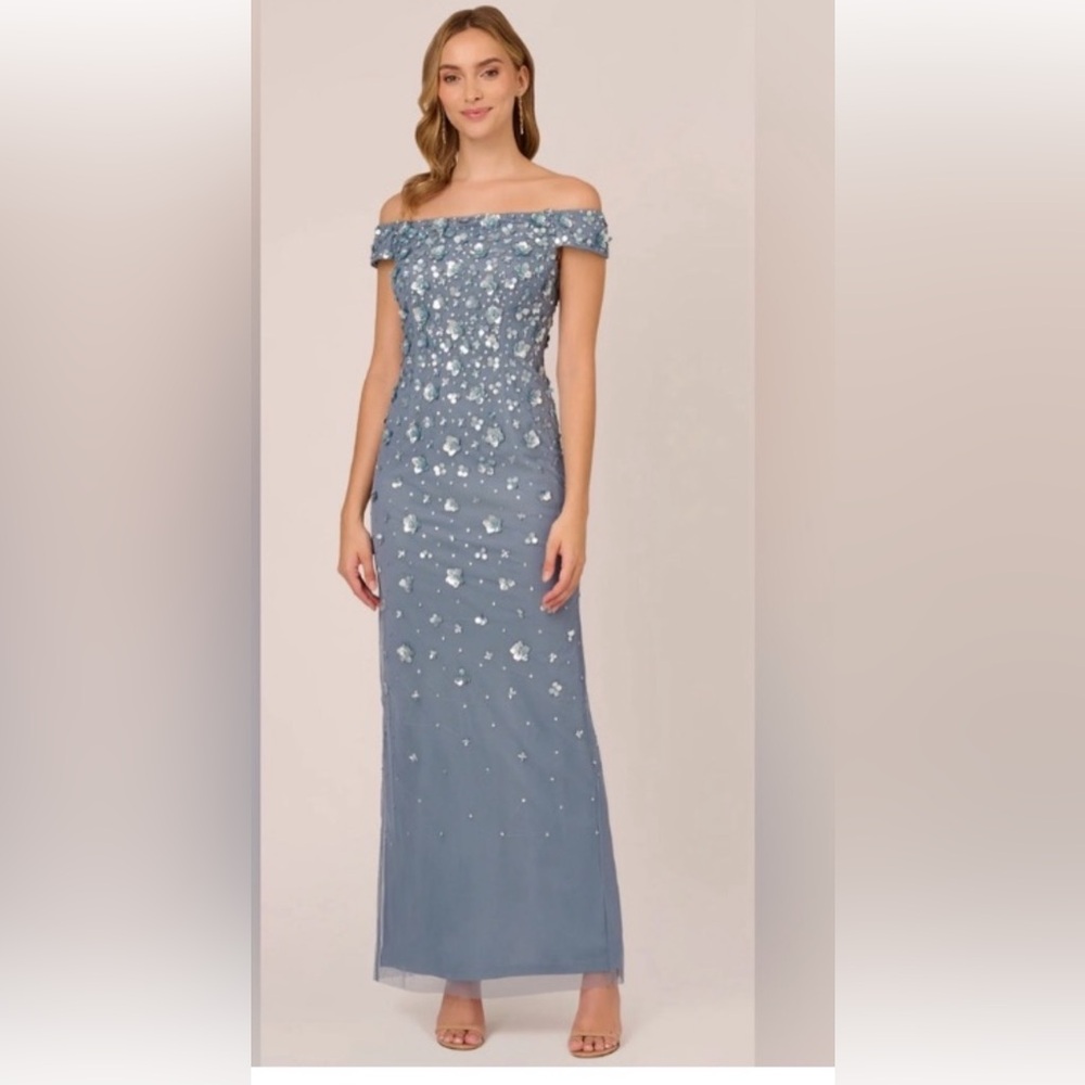 Adrianna Papell Elegant Blue Off-Shoulder Evening Gown